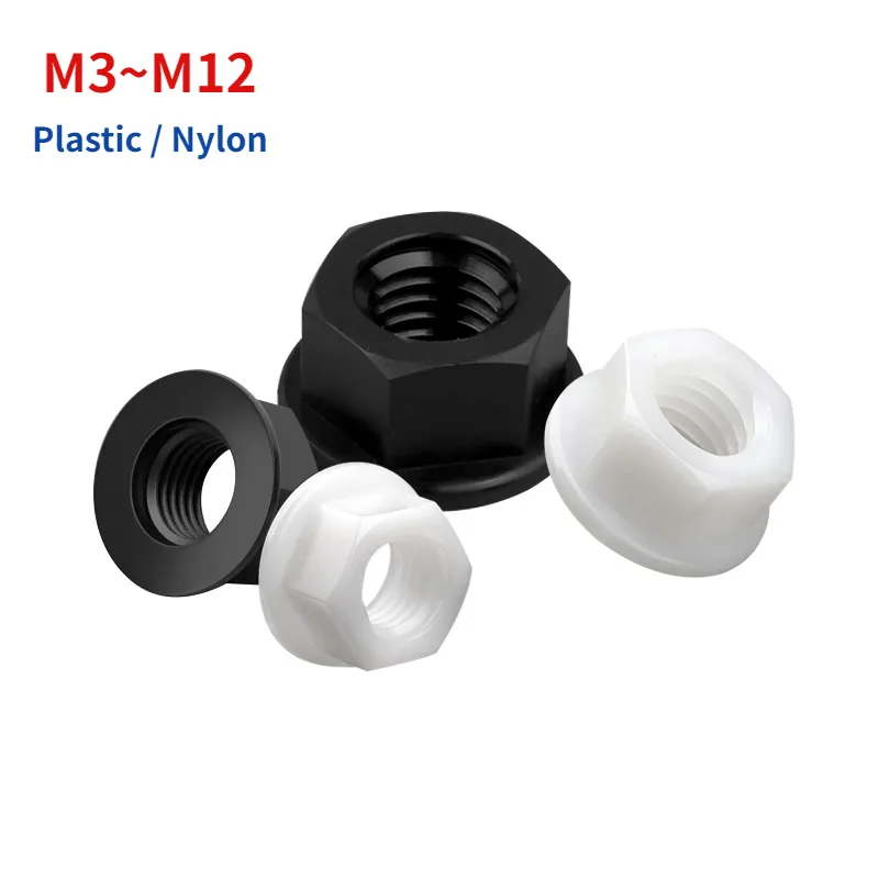 M3 M4 M5 M6 M8 M10 M12 siyah beyaz düz alt PA66 plastik naylon yalıtım altıgen altıgen başlı flanş somun