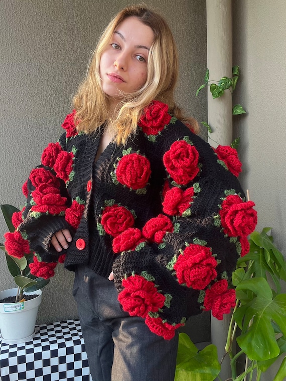 Crochet Jumbo Rose Cardigan, Black Granny Square Cardigan, Crochet Rose Chunky Cardigan, Red Rose Cardigan, Winter Cardigan