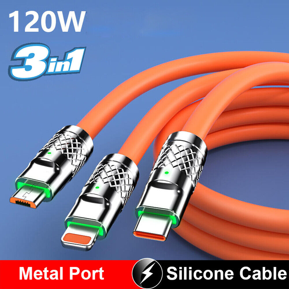 3 in 1 120W Super Fast Charging Data Cable Charge Line USB C For iPhone Android - Görsel 1