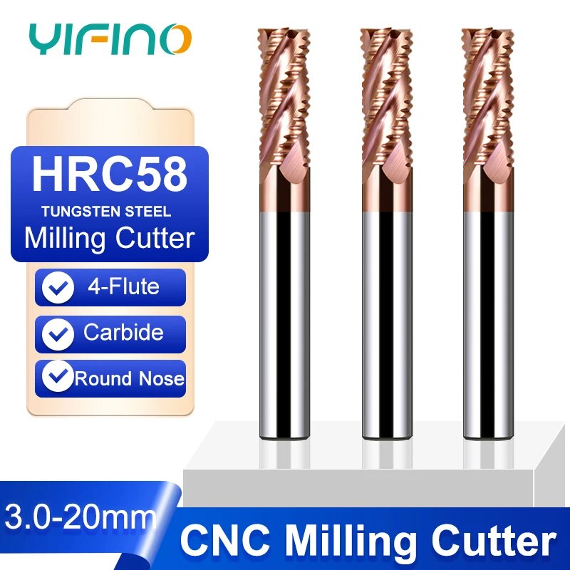 YIFINO HRC58 4-Flute Nano kaplama Tungsten çelik karbür kaba freze kesicisi CNC kaba Machin işleme merkezi Endmills aracı