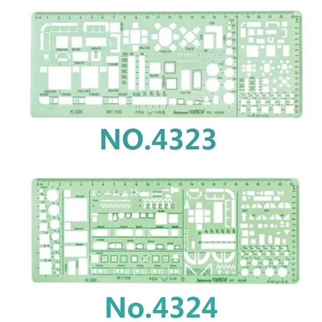 1:100 ve 1:200 Çift Ölçekli Şablon Mimar Kombinasyonu Çok Tasarım Stencil Sembolleri Teknik Çizim No. 4323/4324