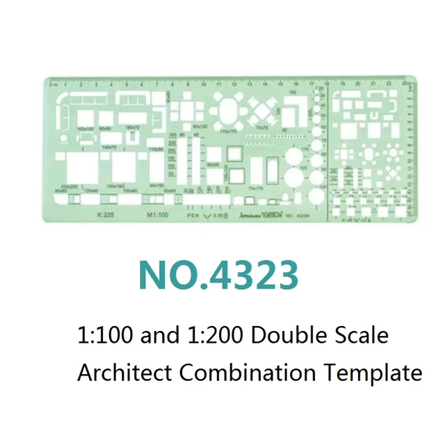 1:100 ve 1:200 Çift Ölçekli Şablon Mimar Kombinasyonu Çok Tasarım Stencil Sembolleri Teknik Çizim No. 4323/4324