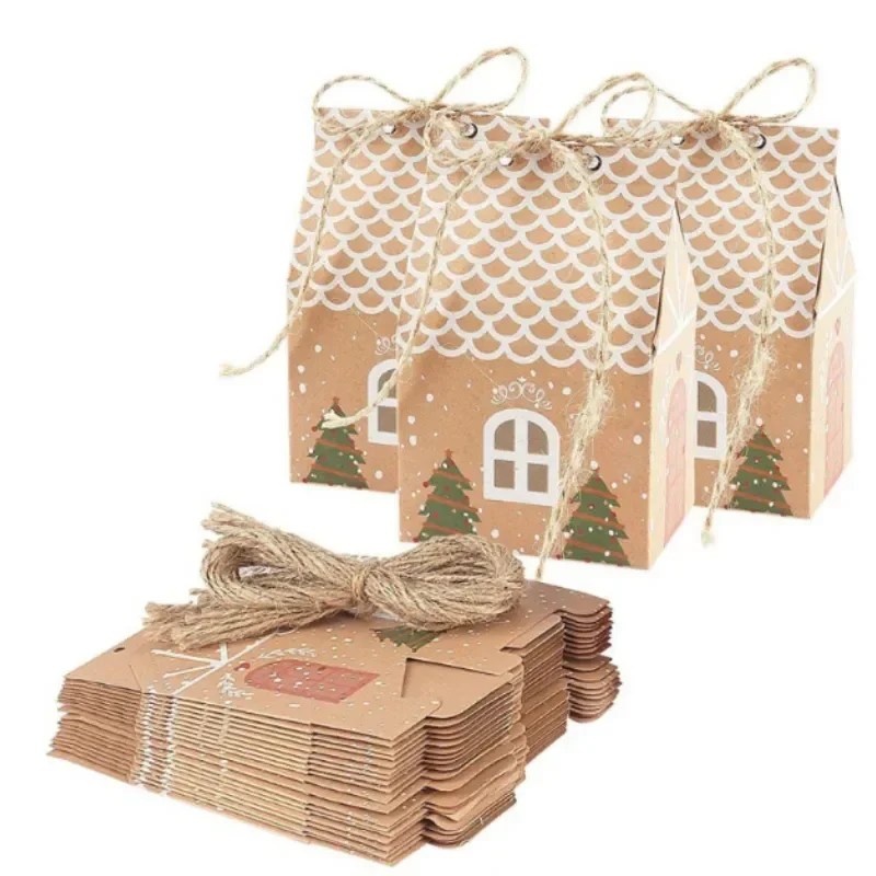 10 adet şeker çanta avrupa kraft kağıt ev DIY şeker çocuk hediye şeker kutusu kenevir halat ile tatil noel ağacı kolye