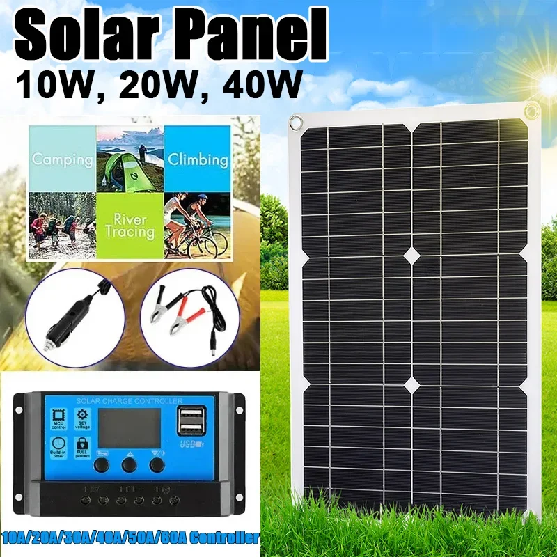 10W,20W,40W GÜNEŞ PANELI yeni güneş enerjisi kiti ile 10/20/30/40/50/60A denetleyici güneş pilleri için araba Moblie telefon batarya şarjı