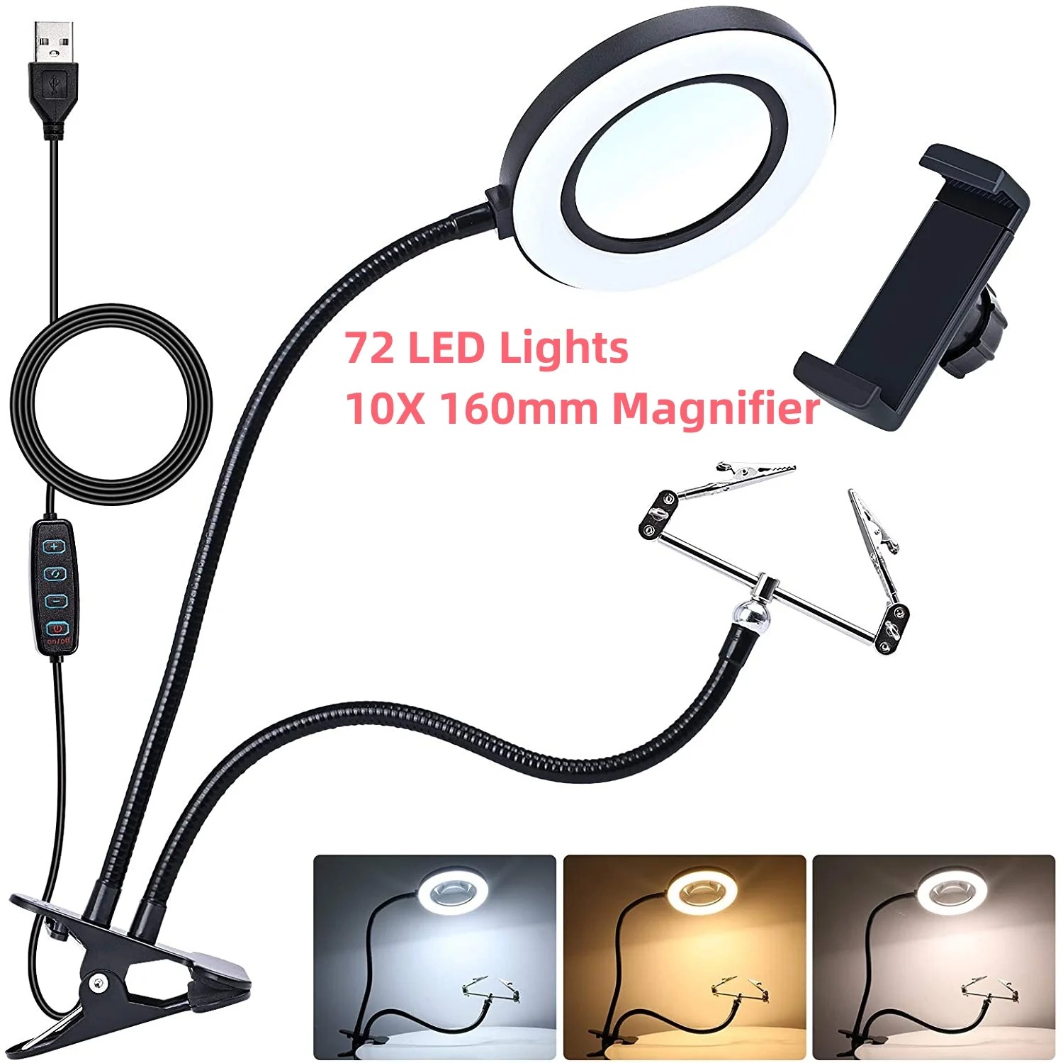 10X büyüteç ile 72 LED ışık büyüteç lamba klip işıklı büyüteç Selfie halka ışık ile telefon tutucu Metal