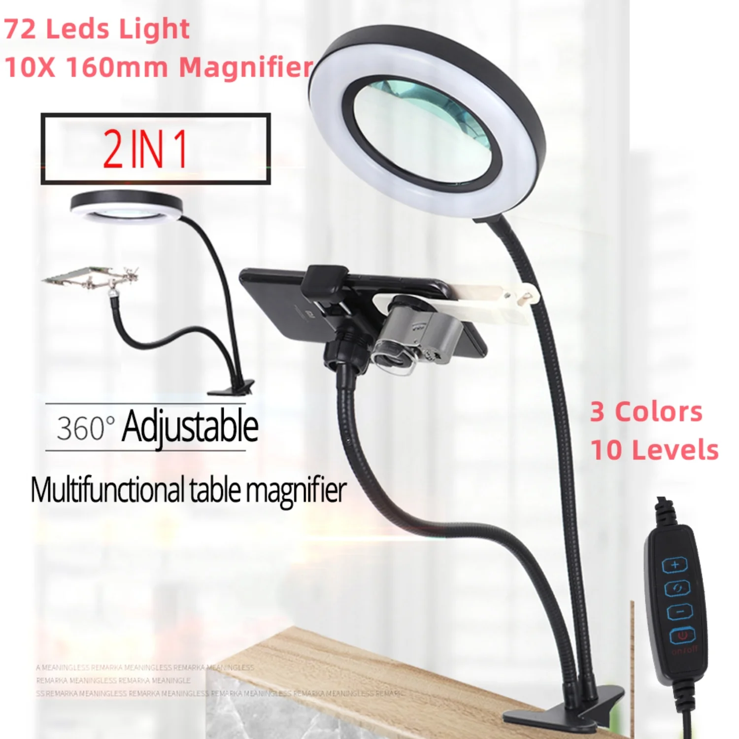 10X büyüteç ile 72 LED ışık büyüteç lamba klip işıklı büyüteç Selfie halka ışık ile telefon tutucu Metal - Görsel 1