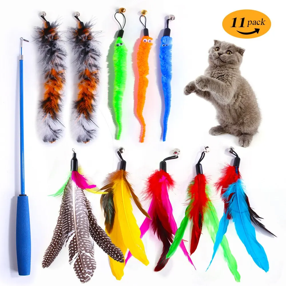 11 adet yedek kedi tüy oyuncak seti tüy değiştirme kafa geri çekilebilir kedi sopa kedi ürünleri