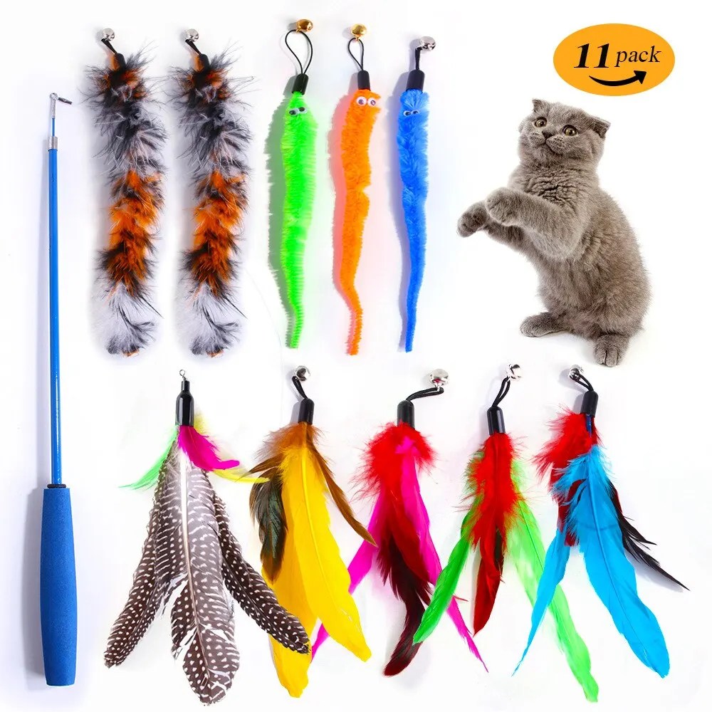 11 adet yedek kedi tüy oyuncak seti tüy değiştirme kafa geri çekilebilir kedi sopa kedi ürünleri