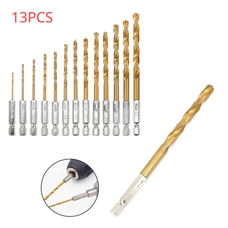 13 adet HSS yüksek hız çelik titanyum kaplı matkap ucu seti 1/4 Hex Shank 1.5mm-6.5mm altıgen kolu büküm matkap