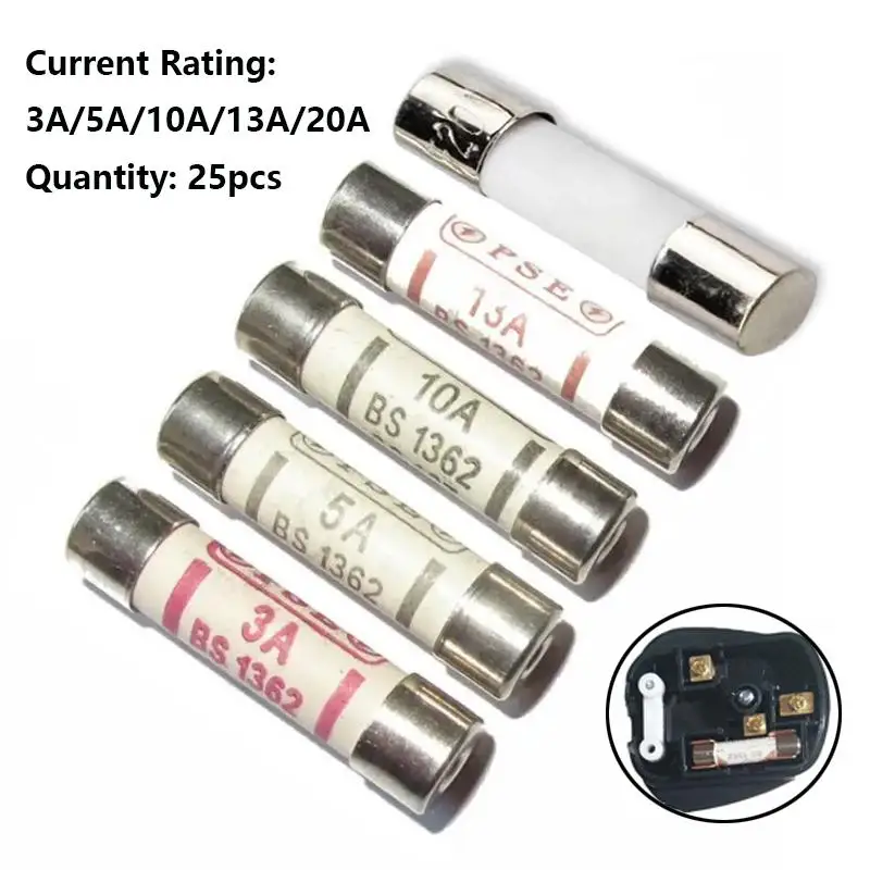 25 adet 3A/5A/10A/13A/20A ev sigorta fiş ev İngiliz güç kaynağı 13amp isyan seramik fiş sigorta