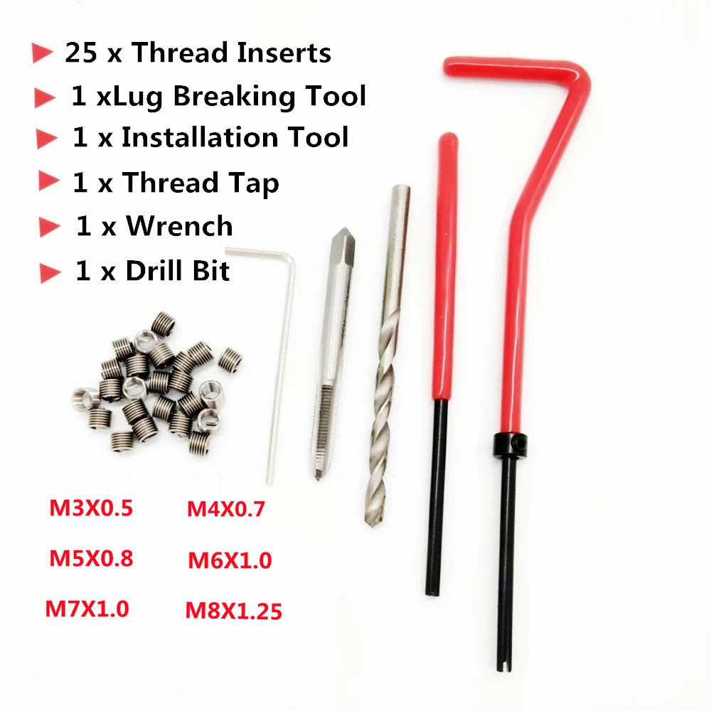 25 adet iplik tamir aracı geri kazanmak için hasarlı konuları makinesi araçları M3 M4 M5 M6 M7 M8 Helicoil araba Pro bobin kaba kazayağı