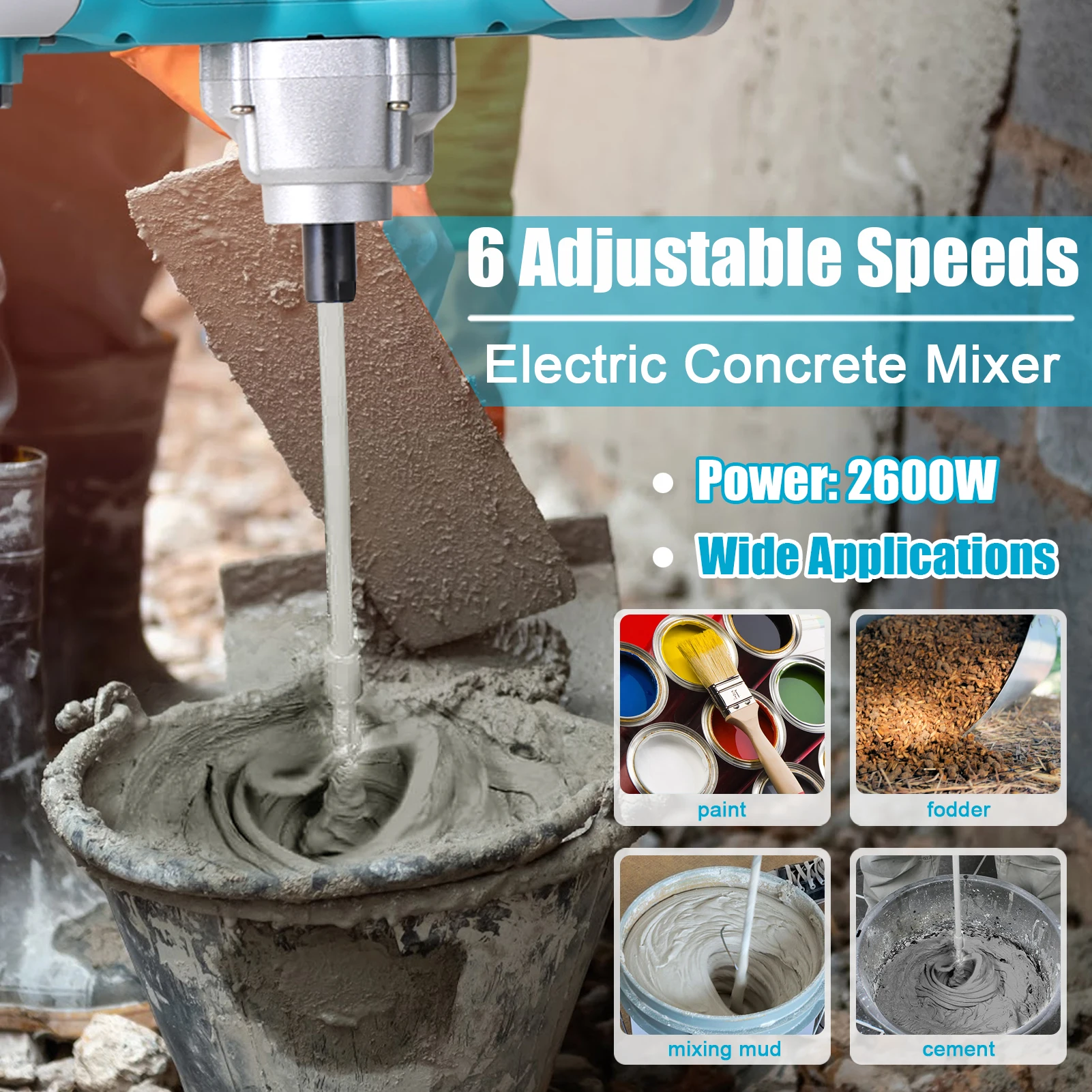 2600W/2300W elektrikli beton karıştırıcı beton çimento mikseri 6 hızları ayarlanabilir Thinset harç harç sıva boya karıştırma - Görsel 4