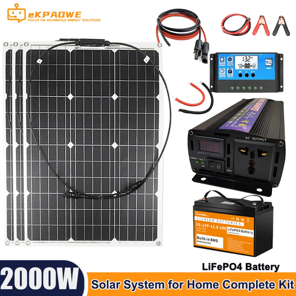 2kw güneş sistemi ev için komple kiti ile 100w GÜNEŞ PANELI 220v 2000w invertör 1280 Wh LiFePO4 akülü araba kamp RV