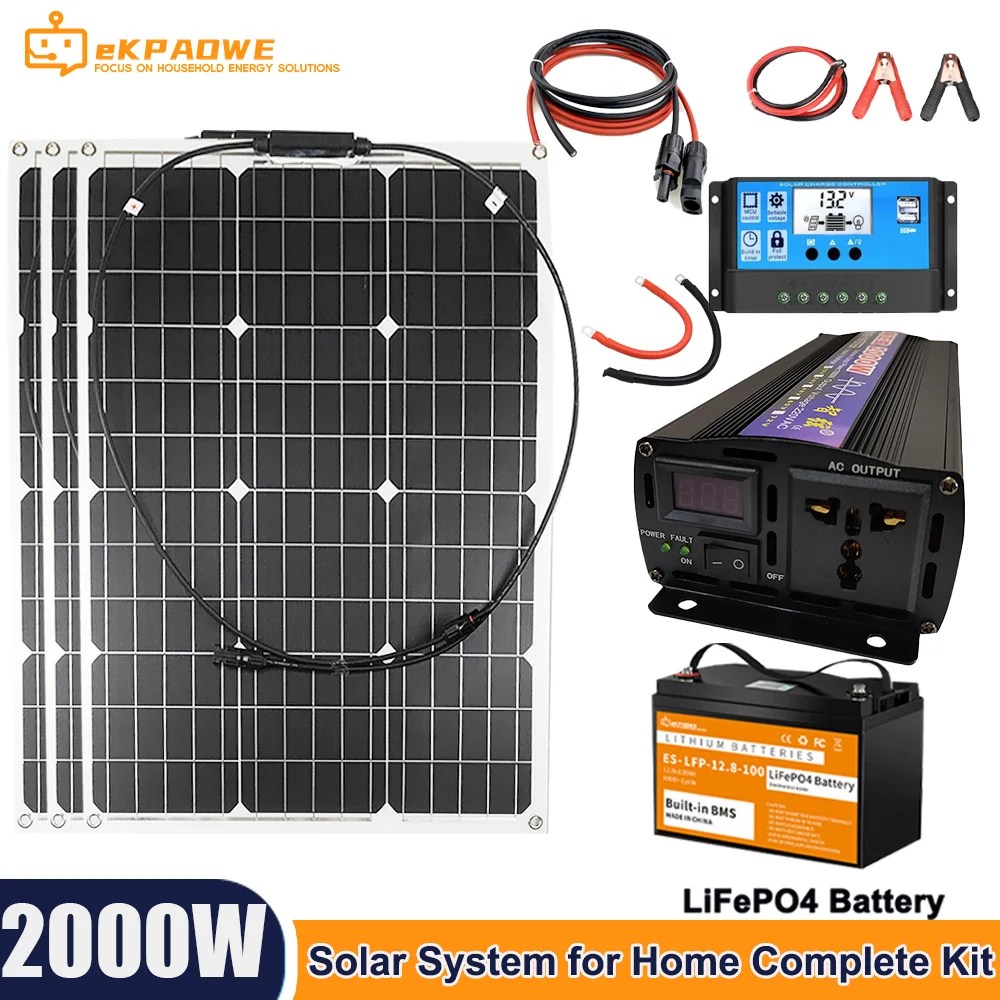 2kw güneş sistemi ev için komple kiti ile 100w GÜNEŞ PANELI 220v 2000w invertör 1280 Wh LiFePO4 akülü araba kamp RV