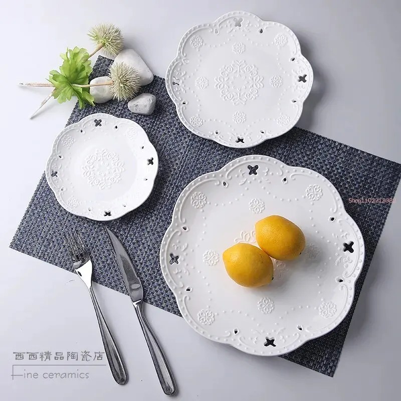 3 adet Set, 6 + 8 + 10 inç, beyaz kabartmalı porselen kek plaka, kelebek tasarım, hizmet masa, yemek tabağı setleri, yemek - Görsel 3