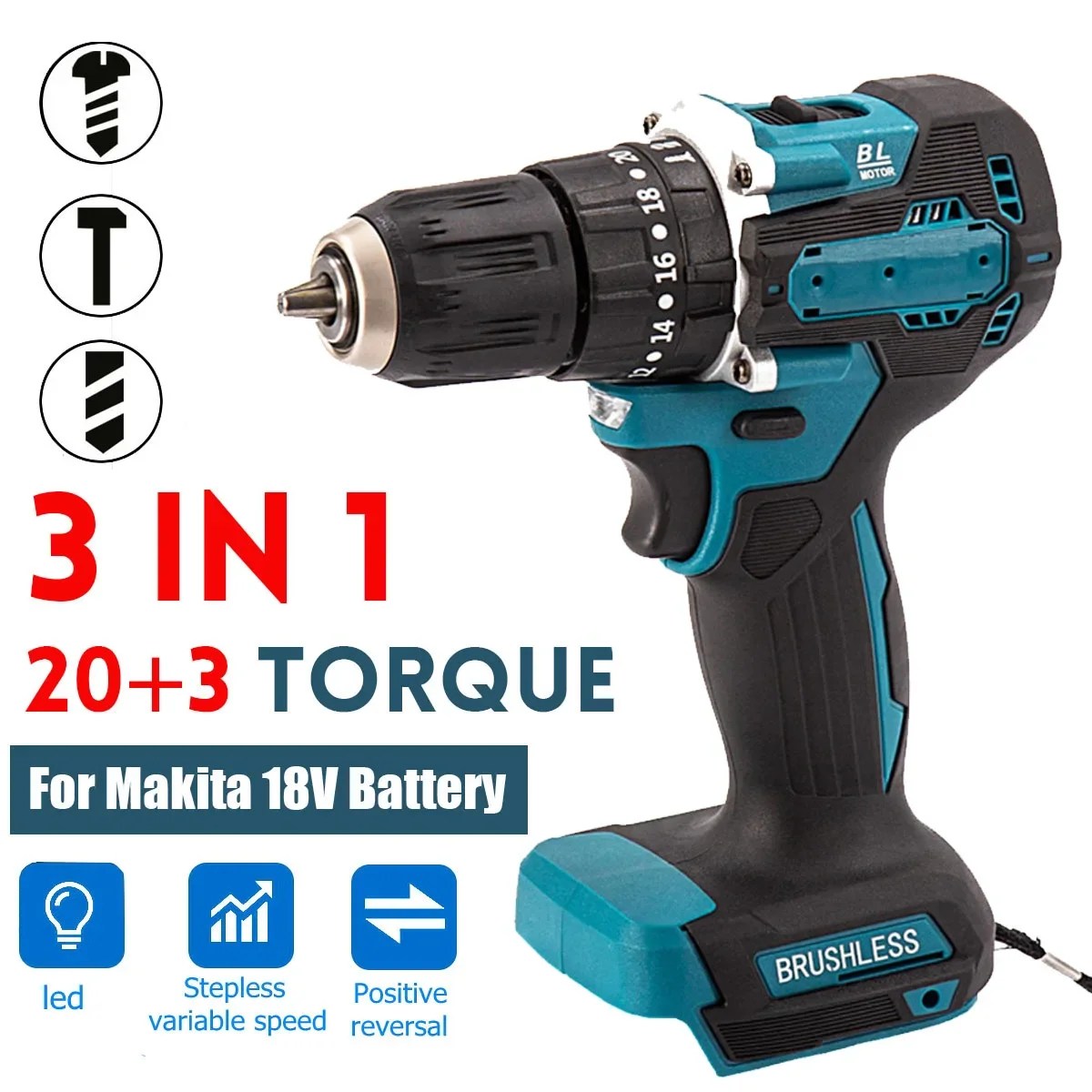 3 in 1 fırçasız akülü elektrikli darbeli matkap çekiç 10mm 20 + 2 tork elektrikli tornavida güç araçları Makita pil için