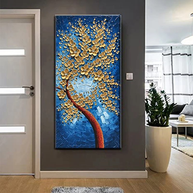 3D boyama el boyalı Bule altın yağlıboya tuval duvar sanatı zengin ağaç çiçek boyama için dokulu yaşam oda duvar dekoru