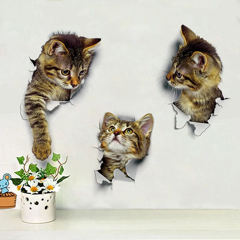 3D kediler duvar Sticker delik görünümü banyo oturma odası dekorasyon ev dekor hayvan vinil çıkartmalar sanat posterleri sevimli tuvalet çıkartmaları
