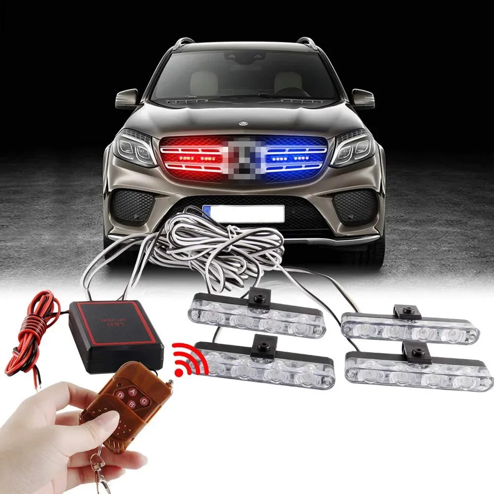 4 In 1 kırmızı mavi acil Strobe işıklar polis ışıkları 12V arabalar kamyon Van SUV için kablosuz uzaktan kumanda flaş ızgara ışık ile