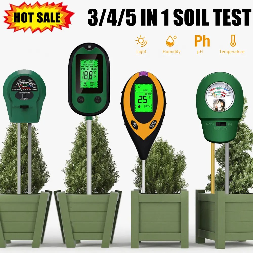 5 In 1 dijital toprak test toprak PH monitör sıcaklık nem ölçer toprak dedektörü güneş işığı Tester bahçe bitkileri tarım için