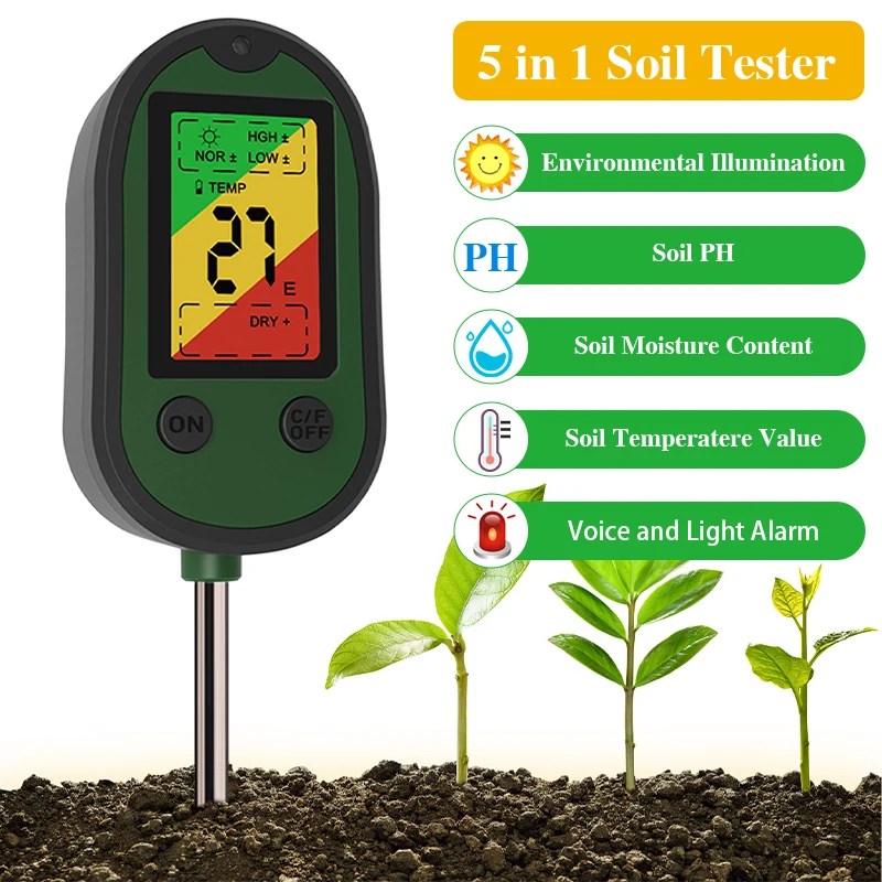 5 in 1 toprak Test cihazı PH ölçer bitki nem ölçer sıcaklık güneş ışığı yoğunluğu ölçüm analizi Alarm toprak asitlik testi monitör