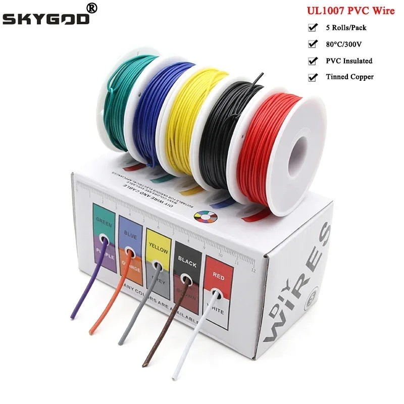 (5 renk Mix kiti) UL1007 tel PVC yalıtım kalaylı bakır kablo telli elektrik hattı 30/28/26/24/22/20/18/16 AWG PCB tel