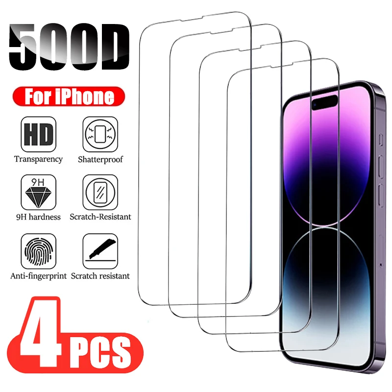 500D 4 adet ekran koruyucu iPhone 14 13 12 Pro Max 15 11 X XR XS Mini temperli cam iPhone 13 Pro Max tam kapak cam