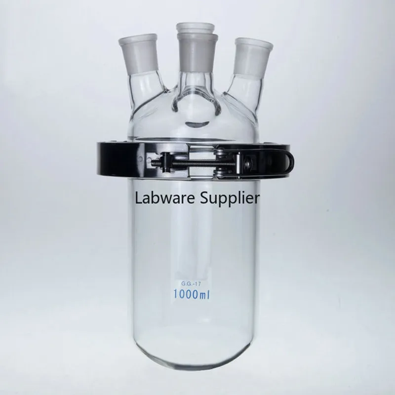 500ml/1000ml/2000ml tıbbi sınıf Boro. Cam 4 boyunlu cam namlu şeklinde şişe reaktör paslanmaz çelik kelepçe