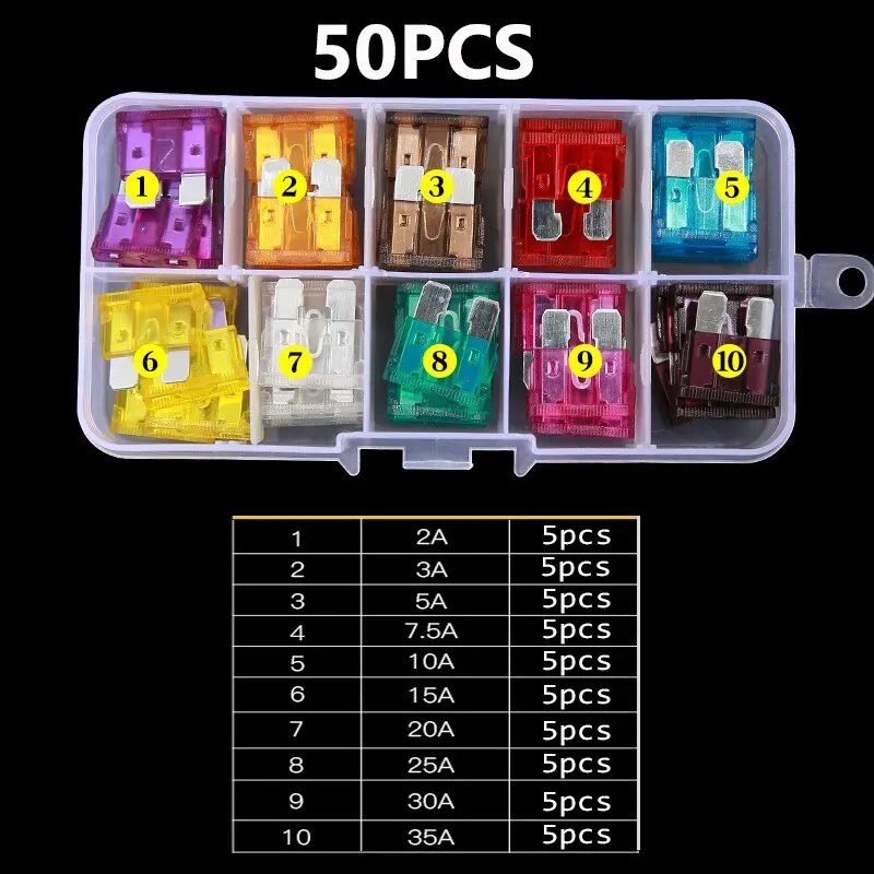 50Ps profil orta boy bıçak tipi araç sigorta çeşitler 2.5 3 5 7.5 10 15 20 25 30 35A sigorta seti oto araba kamyon