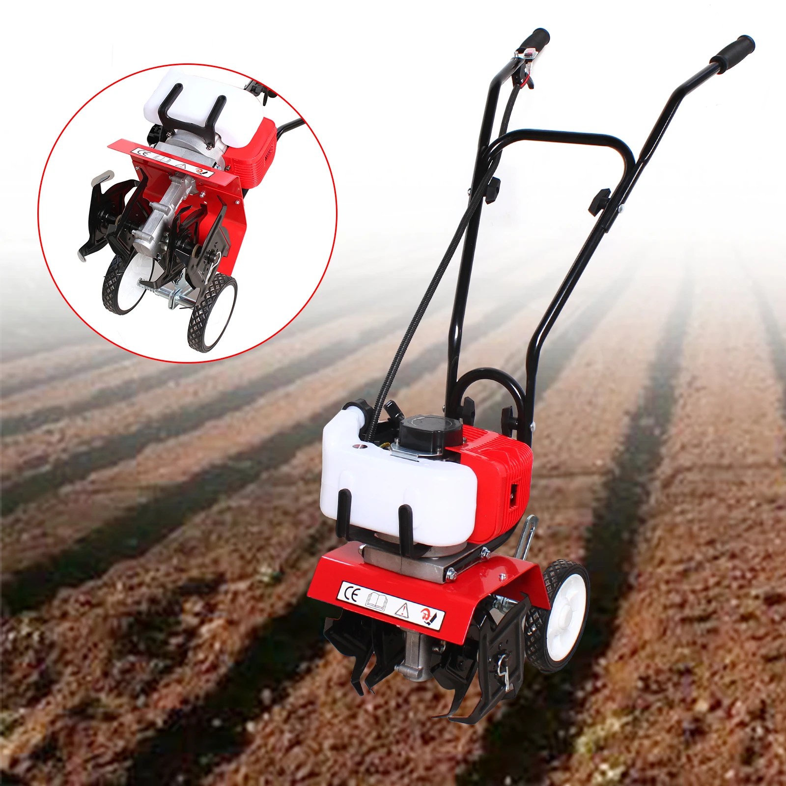 52CC Mini benzinli toprak frezesi bahçe çapa makinesi bahçe Yard toprak Tilling makinesi hava soğutmalı 2 zamanlı 1.65kw toprak işleme 6500-7000r/min