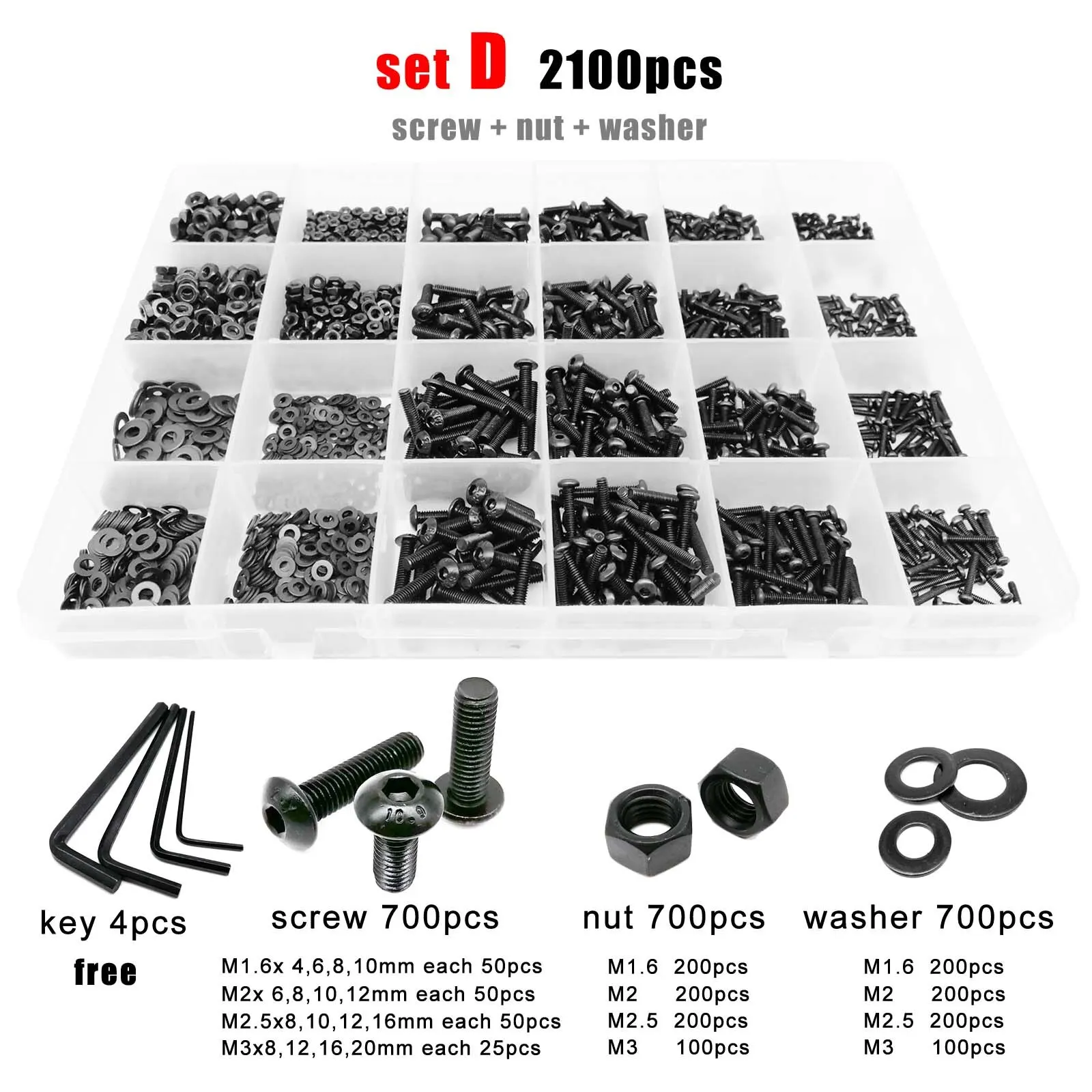 625/1140/2100 adet Hex altıgen soket düğmesi yuvarlak başlı vida cıvata somun Set kiti kutusu M1.6 M2 M2.5 M3 M4 M5 siyah sınıf 10.9 çelik - Görsel 1
