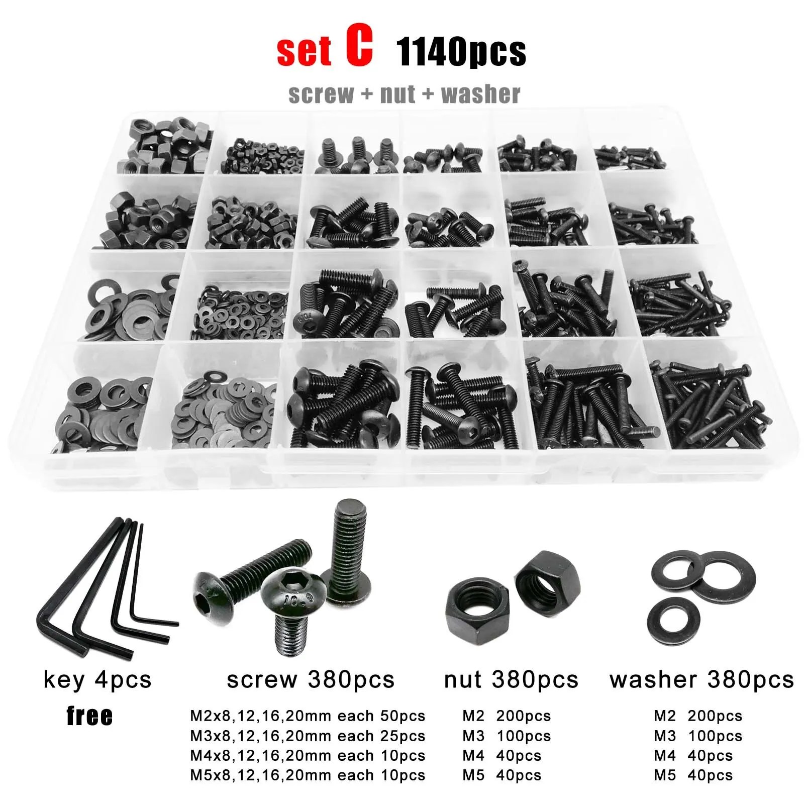 625/1140/2100 adet Hex altıgen soket düğmesi yuvarlak başlı vida cıvata somun Set kiti kutusu M1.6 M2 M2.5 M3 M4 M5 siyah sınıf 10.9 çelik - Görsel 2