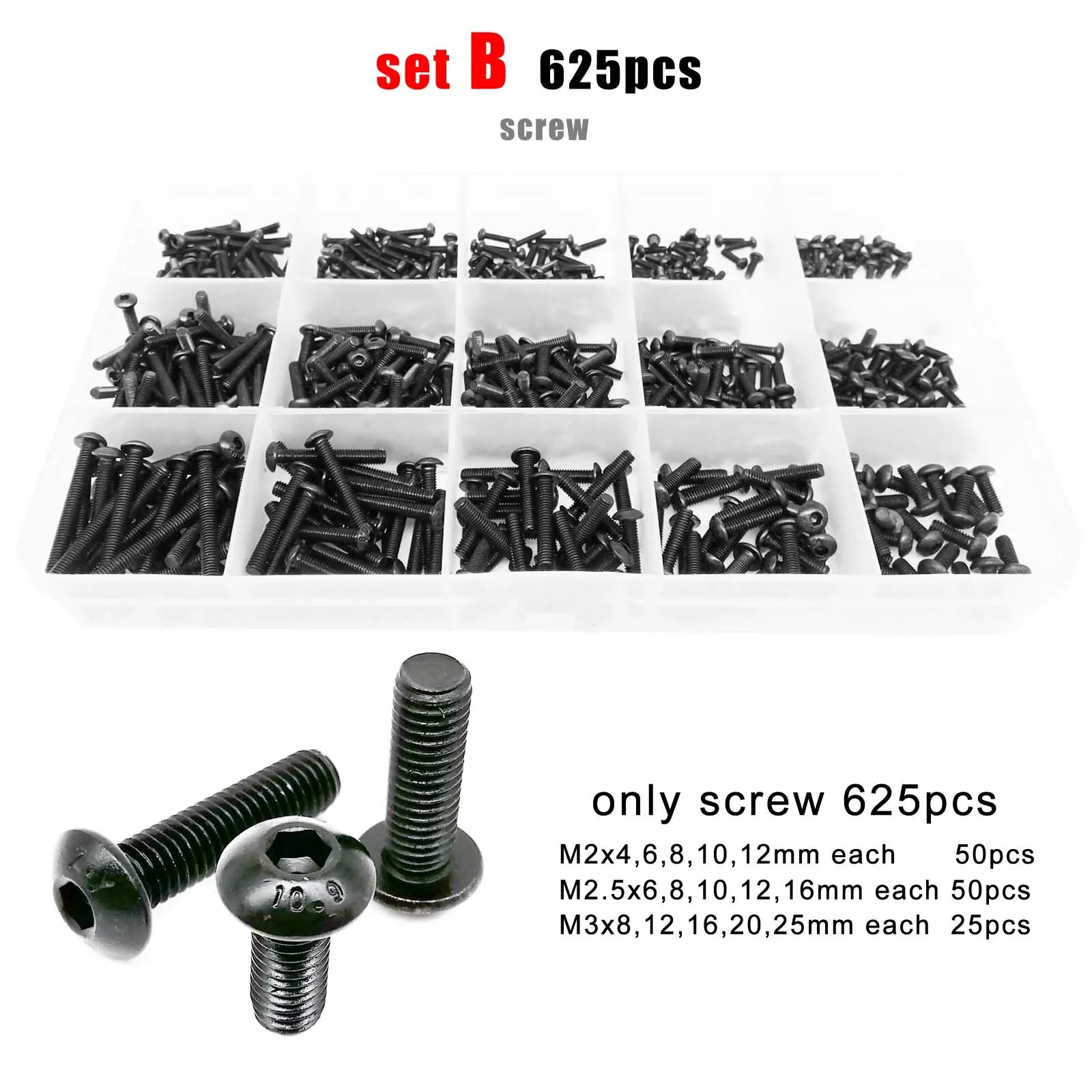 625/1140/2100 adet Hex altıgen soket düğmesi yuvarlak başlı vida cıvata somun Set kiti kutusu M1.6 M2 M2.5 M3 M4 M5 siyah sınıf 10.9 çelik - Görsel 3