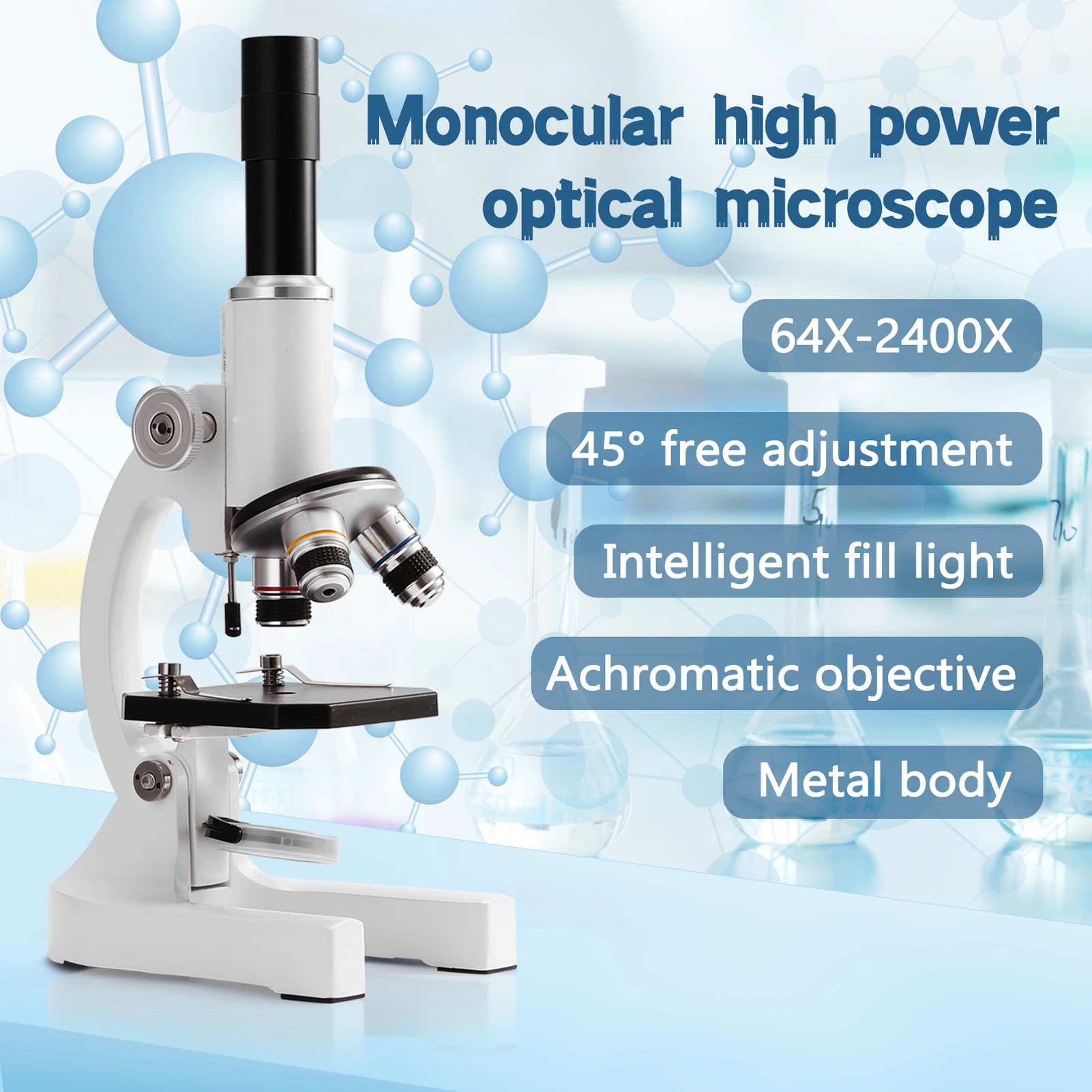 64X-2400X monoküler optik mikroskop ilkokul bilim deneysel biyoloji öğretim mikroskop çocuk doğum günü hediyesi