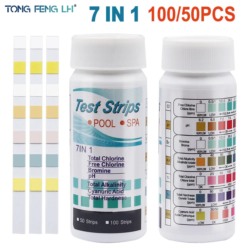 7 in 1 Test şeritleri akvaryum/balık tankı/yüzme havuzu/Spa su kalitesi 50 Pcs100 adet klor/PH/brom ölçü kağıt