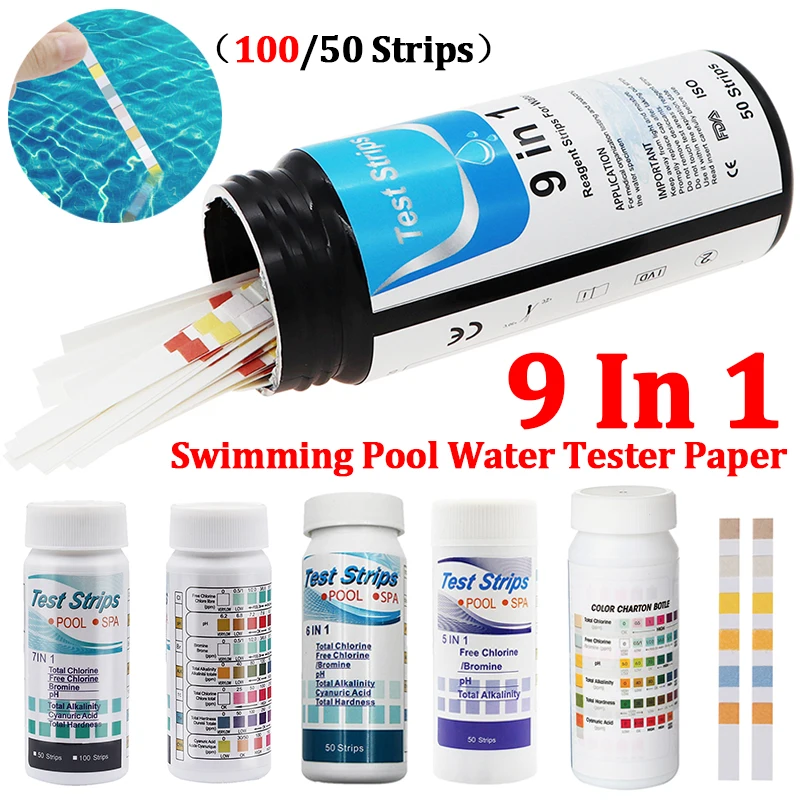 9 in 1 PH Test şeritleri için akvaryum/balık tankı/yüzme havuzu/Spa su kalitesi 50 adet/şişe klor/PH/Bromine tedbir kağıt