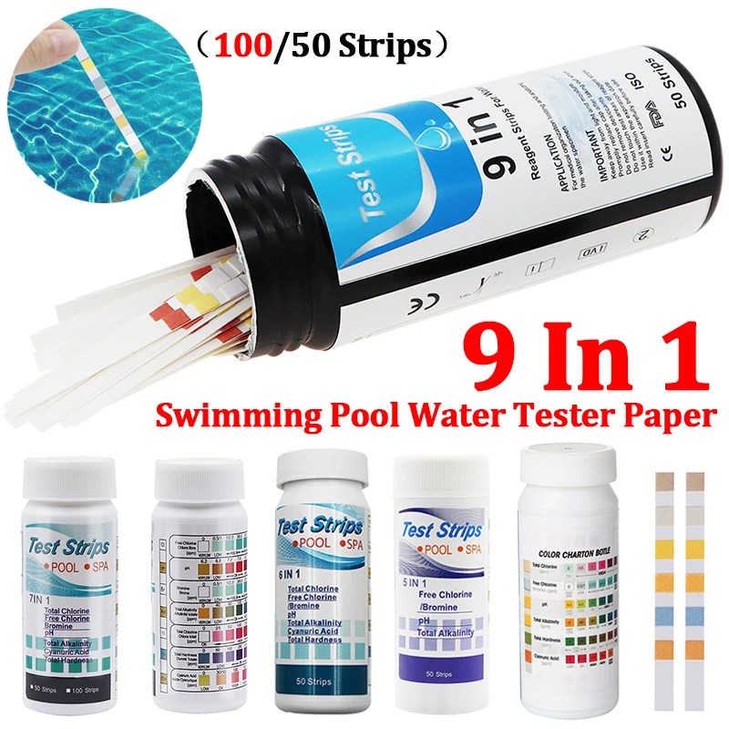 9 in 1 PH Test şeritleri için akvaryum/balık tankı/yüzme havuzu/Spa su kalitesi 50 adet/şişe klor/PH/Bromine tedbir kağıt
