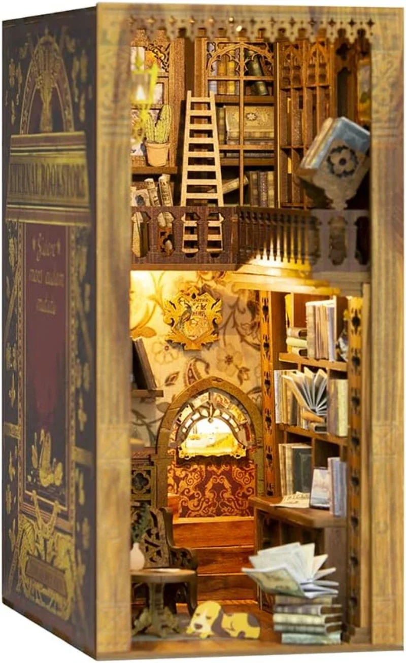 ATUBAN DIY kitap Nook kiti, DIY Dollhouse Booknook kitaplık ekle dekor Alley,Bookends modeli inşa-LED ışık ile yaratıcılık kiti - Görsel 1