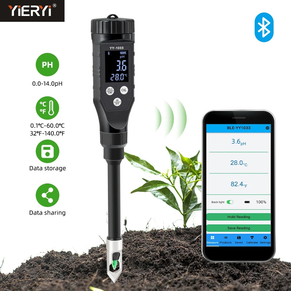 Akıllı toprak PH ölçer 0.0 ~ 14.0pH Bluetooth toprak test veri kaydedici sıcaklık asitliği analizörü hidroponik dikim bahçe tarım arazileri için