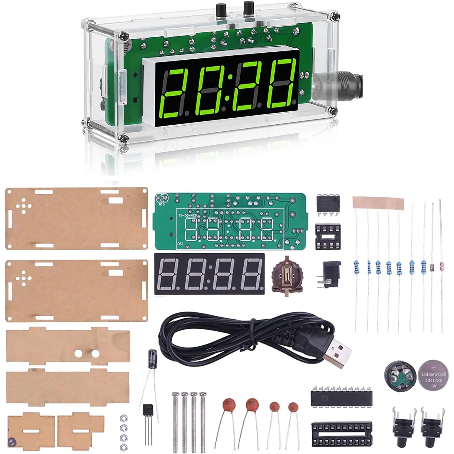 Akrilik kabuk ile TJ-56-428 4 haneli dijital DIY saat kitleri, elektronik öğrenme için DIY çalar saat lehimleme uygulama kiti