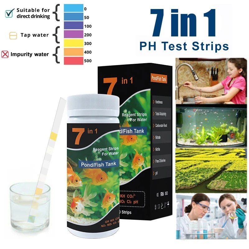 Akvaryum 7 in 1 Test kiti tatlısu tuzlu su gölet Test şeritleri balık tankı Test PH nitrit inity inite klor karbonat