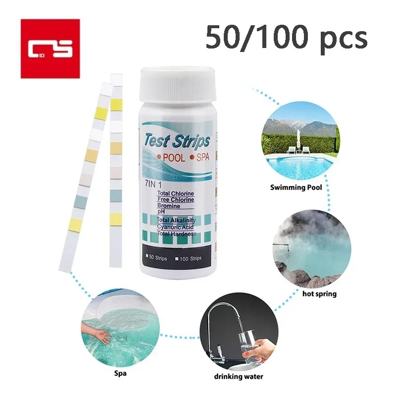 Akvaryum için 7 in 1 Test şeritleri/balık tankı/yüzme havuzu/Spa su kalitesi 50 Test 100 adet klor/PH /Bromine ölçü kağıdı - Görsel 1