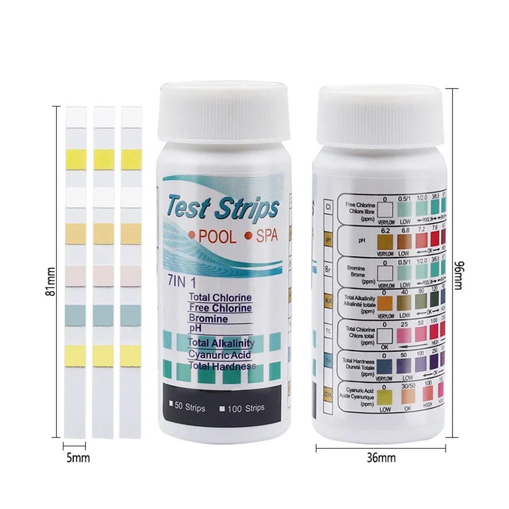 Akvaryum için 7 in 1 Test şeritleri/balık tankı/yüzme havuzu/Spa su kalitesi 50 Test 100 adet klor/PH /Bromine ölçü kağıdı - Görsel 2