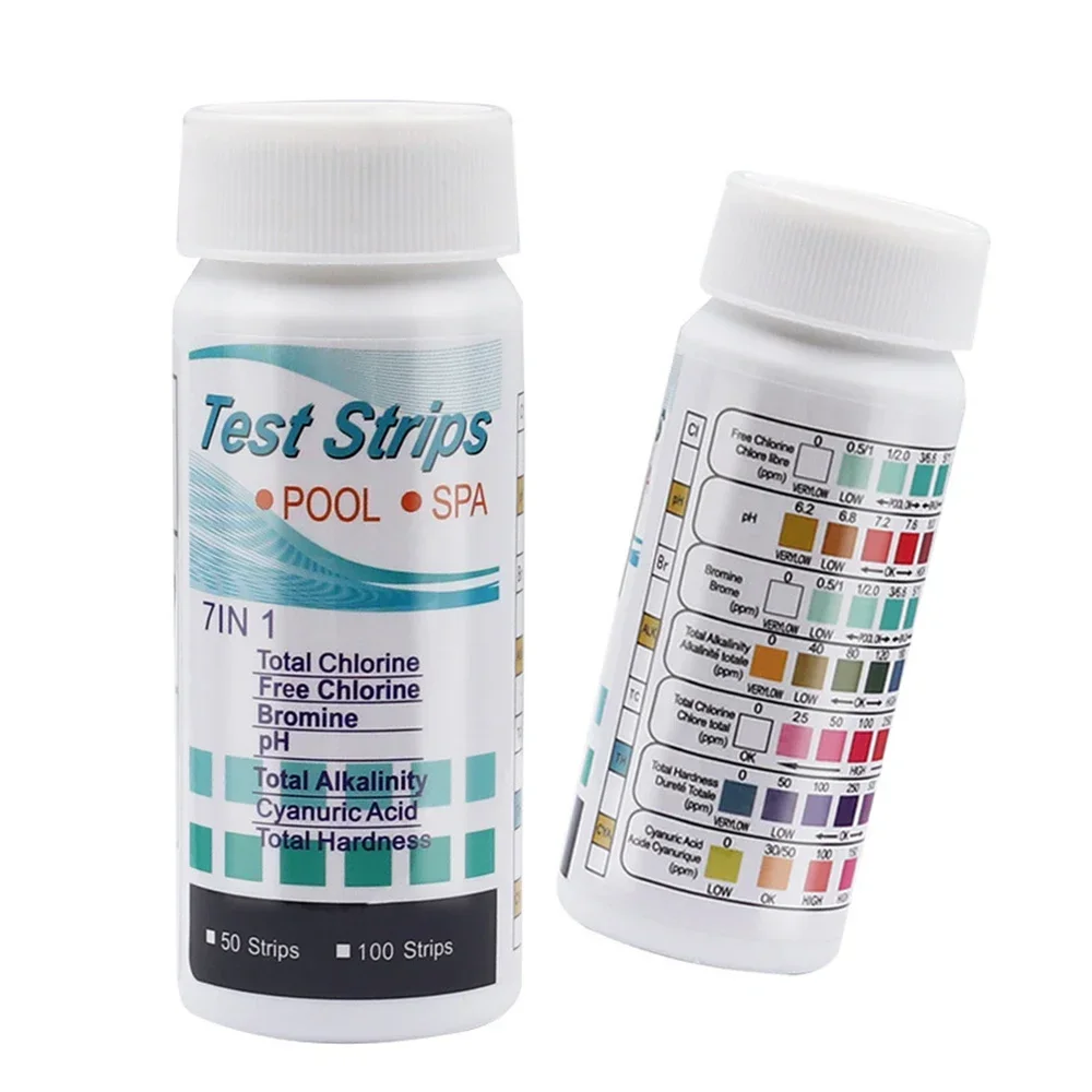 Akvaryum için 7 in 1 Test şeritleri/balık tankı/yüzme havuzu/Spa su kalitesi 50 Test 100 adet klor/PH /Bromine ölçü kağıdı