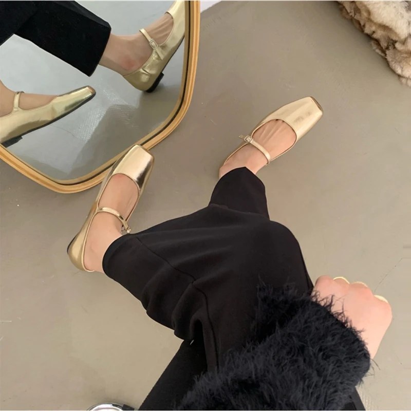 Antsquare kare ayak bale ayakkabıları moda düşük topuk Mary Jane ayakkabı Casaul gümüş sığ toka yumuşak taban ayakkabı Zapatos De Mujer - Görsel 2