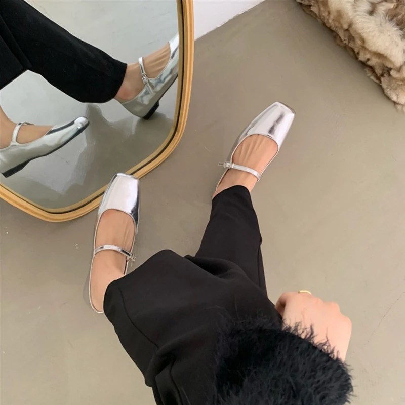 Antsquare kare ayak bale ayakkabıları moda düşük topuk Mary Jane ayakkabı Casaul gümüş sığ toka yumuşak taban ayakkabı Zapatos De Mujer - Görsel 3