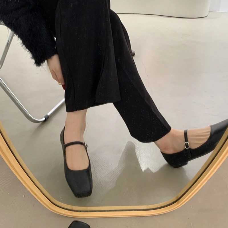 Antsquare kare ayak bale ayakkabıları moda düşük topuk Mary Jane ayakkabı Casaul gümüş sığ toka yumuşak taban ayakkabı Zapatos De Mujer - Görsel 4