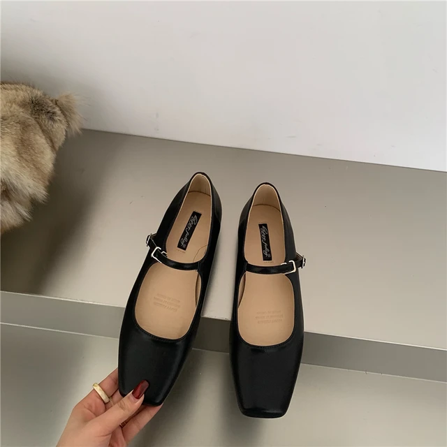 Antsquare kare ayak bale ayakkabıları moda düşük topuk Mary Jane ayakkabı Casaul gümüş sığ toka yumuşak taban ayakkabı Zapatos De Mujer