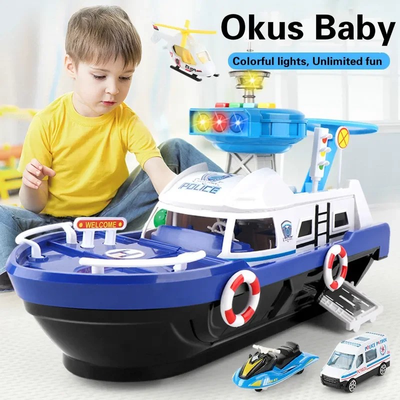 Büyük boy müzik tekne simülasyon parça atalet oyuncak ile 3 arabalar ve 1 uçak hikayesi aydınlatma gemi modeli çocuklar erken eğitici oyuncak
