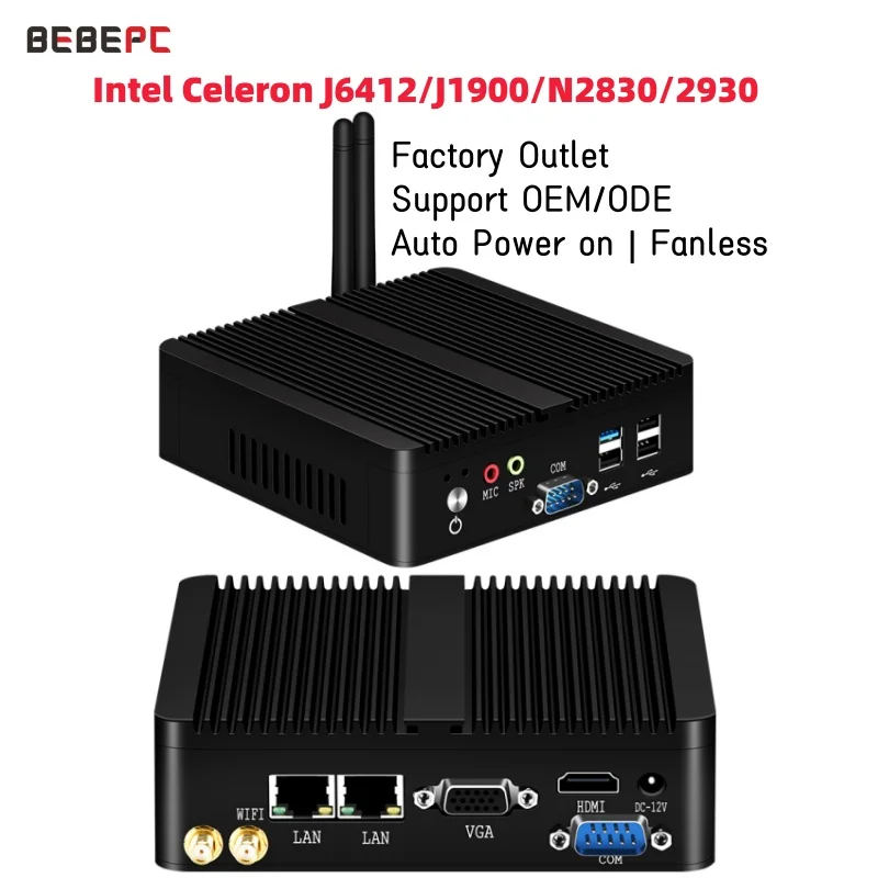 BEBEPC fansız Mini PC Intel Celeron J6412 J1900 N2830 çift LAN Windows 10 4 çekirdekli endüstriyel Mini masaüstü bilgisayar COM WiFi HTPC